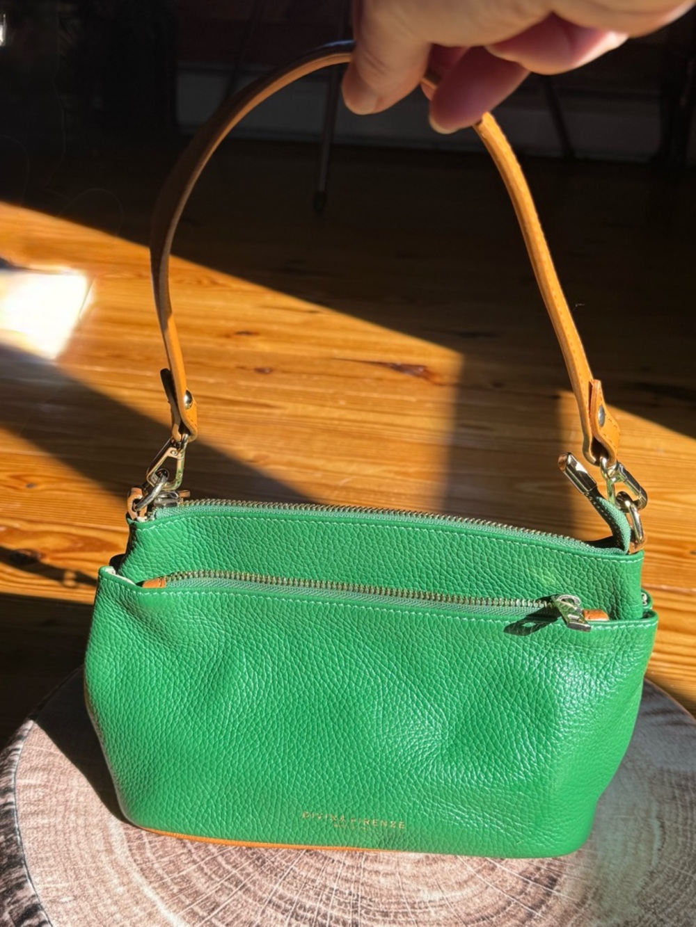 Green Leather Mini Shoulder Bag with Tan Strap